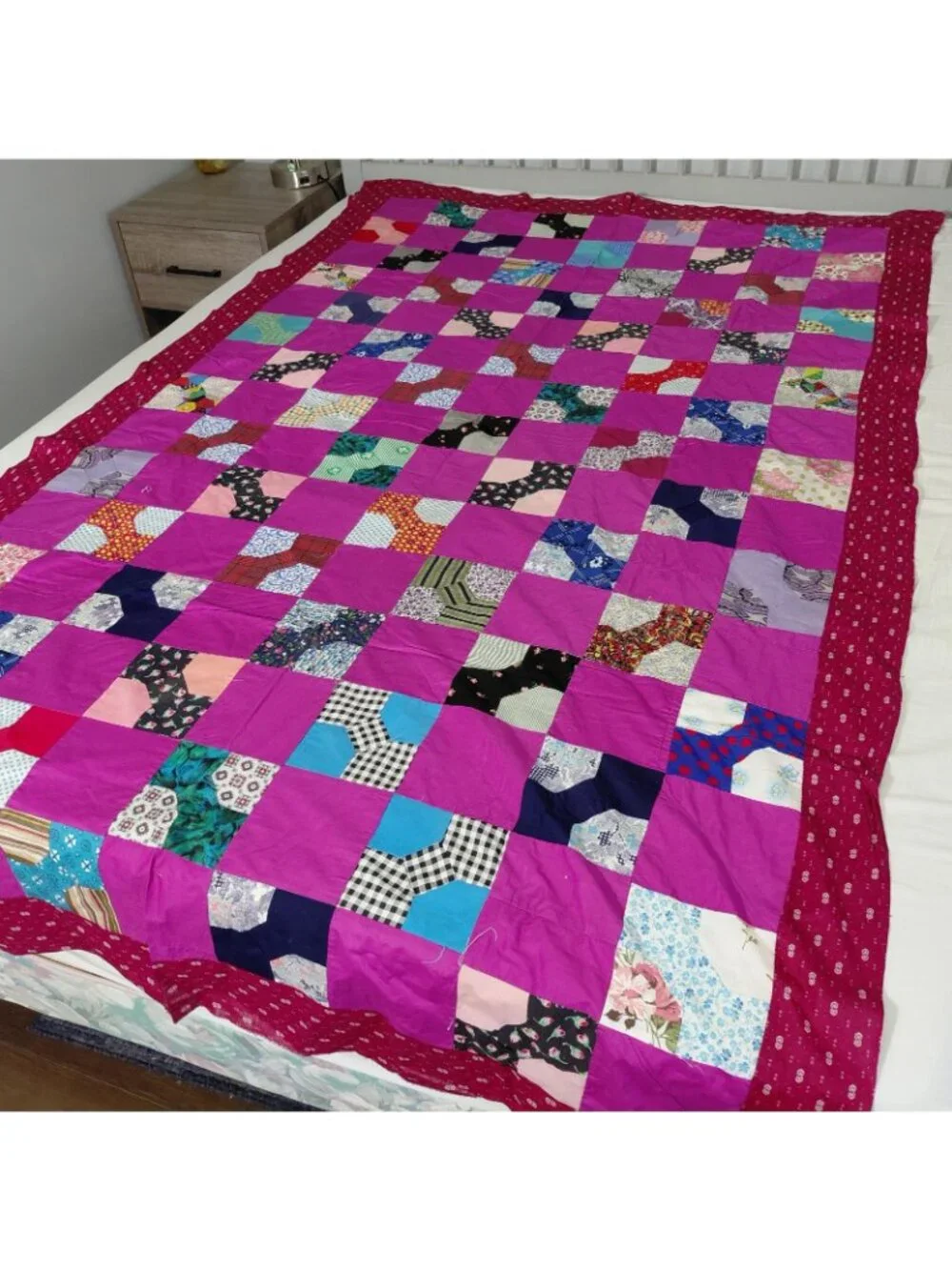 Handmade Patchwork Bow Tie Quilt Top ONLY 54x89 Pink Red Scrappy Multicolor